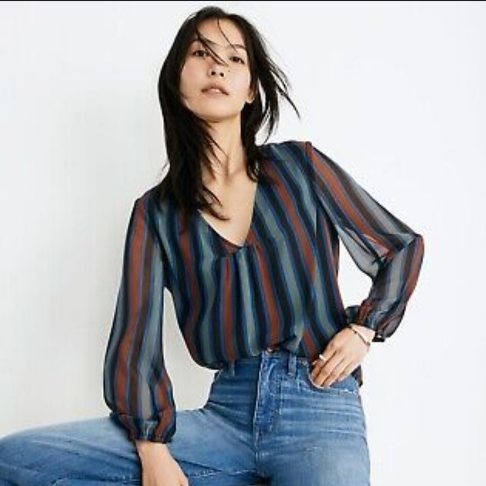 MADEWELL Women's Xs Academy Stripe Sheer Long Sleeve Top Business Blouse V-Neck